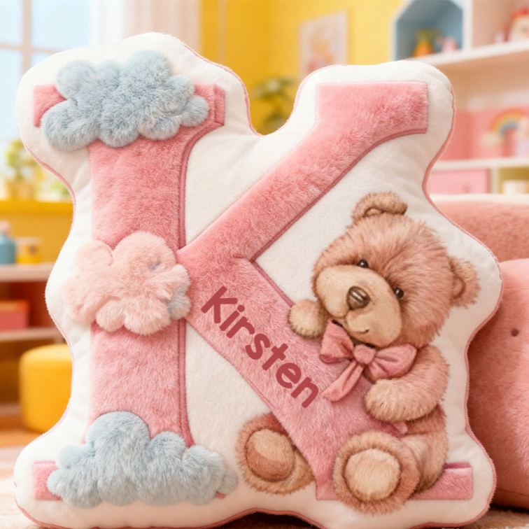 Personalized Flower Girl Pink Bear and Cloud 26 Letters Pillow Custom Girl friend Graphic 3D Printed Alphabet Initials Cushion Birthday Gift for Her