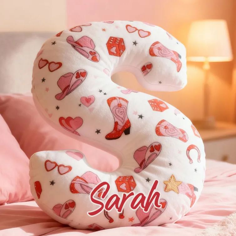 Personalized Pink Western Cowgirl Letter Pillow Custom Pink Valentine Gift Throw Pillow for Girlfriend Pink Cowgirl Boots Horseshoe Pillow for Her