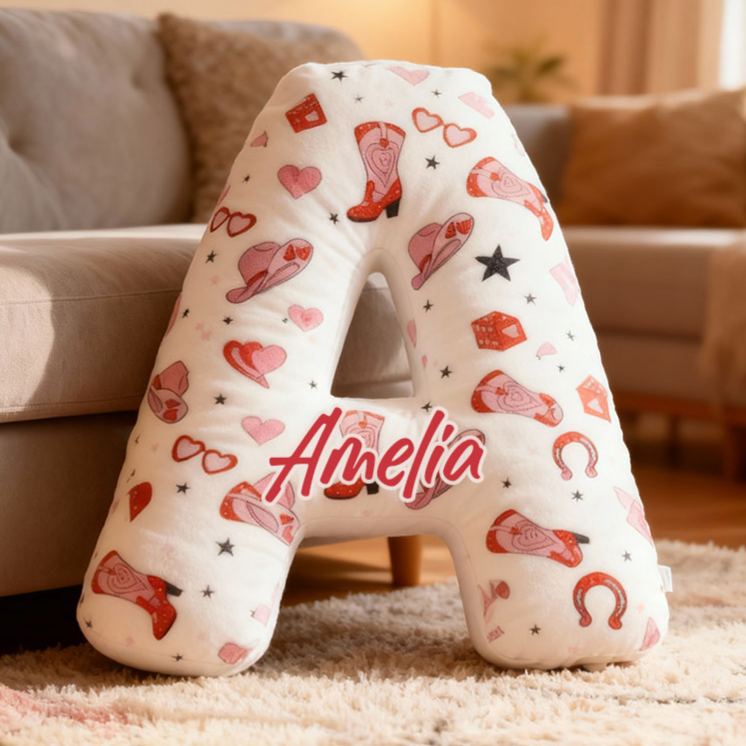 Personalized Pink Western Cowgirl Letter Pillow Custom Pink Valentine Gift Throw Pillow for Girlfriend Pink Cowgirl Boots Horseshoe Pillow for Her