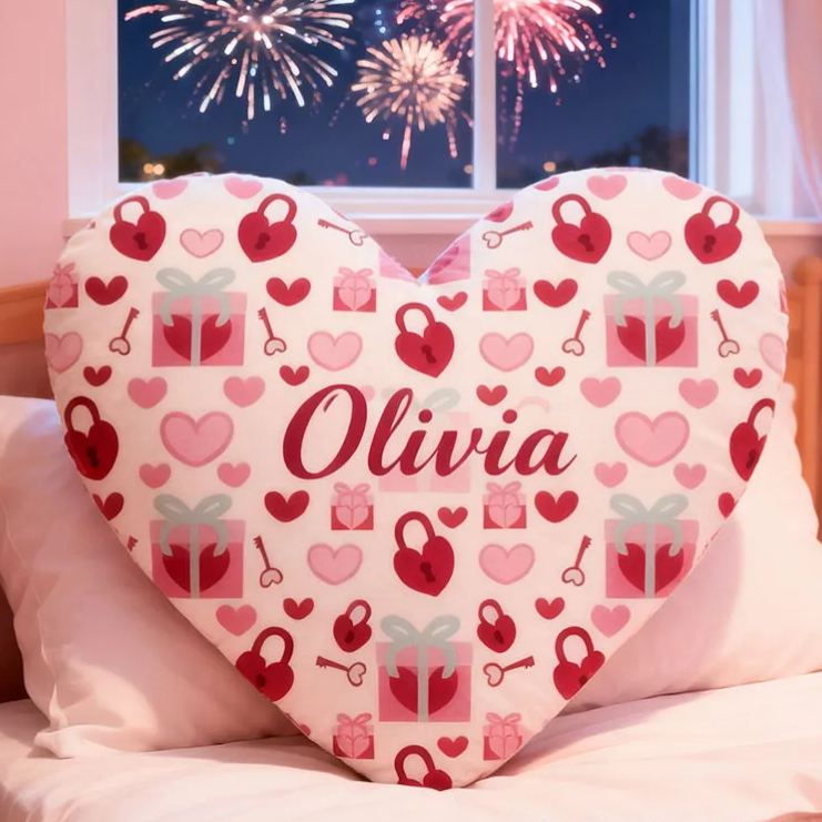 Personalized Girl friend Heart Shaped Love Lock Pillow Custom Couple Name Valentines Day Cushion Anniversary Date Night Gift for Her Wife Girlfriend
