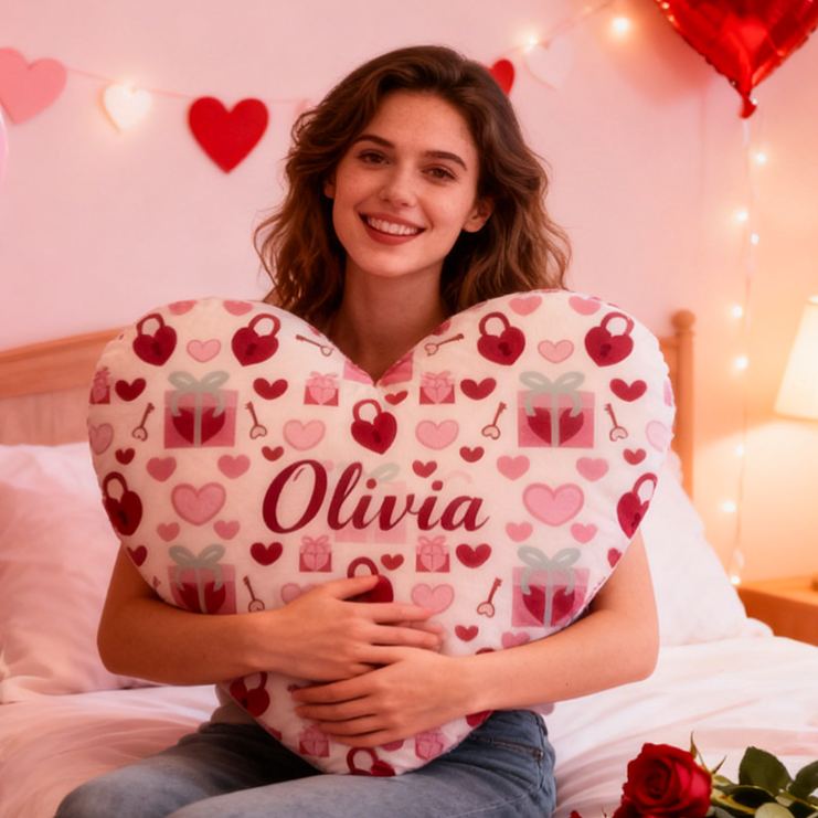 Personalized Girl friend Heart Shaped Love Lock Pillow Custom Couple Name Valentines Day Cushion Anniversary Date Night Gift for Her Wife Girlfriend