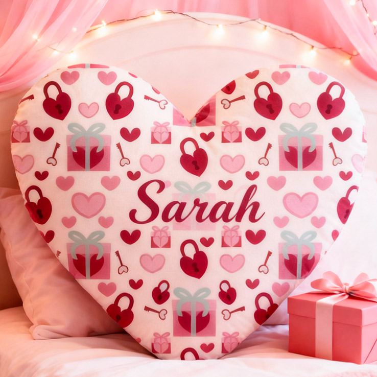 Personalized Girl friend Heart Shaped Love Lock Pillow Custom Couple Name Valentines Day Cushion Anniversary Date Night Gift for Her Wife Girlfriend