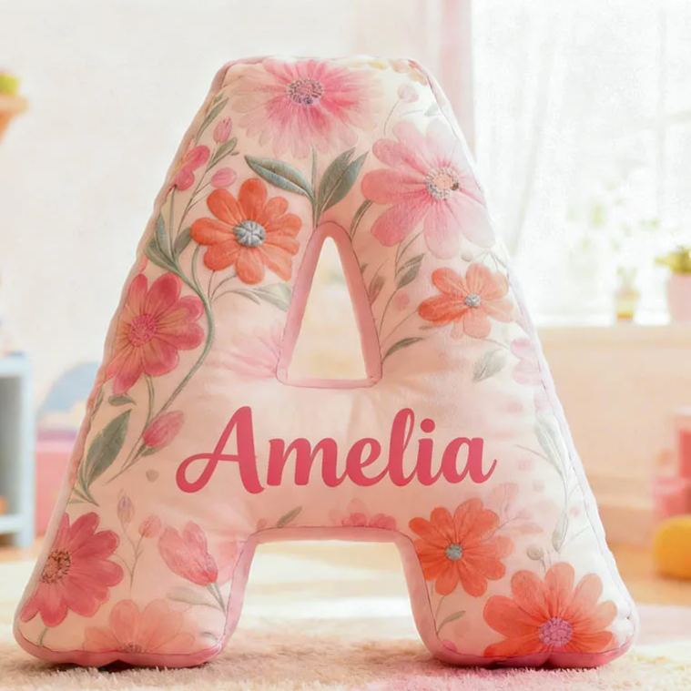 Personalized Flower Girl Pink Colorful Floral 26 Letters Pillow Custom Girl friend Graphic 3D Printed Cushion Christmas Valentine's Day Gift for Her