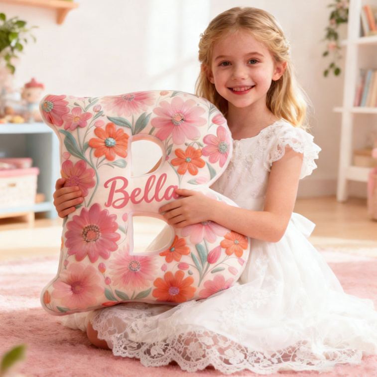 Personalized Flower Girl Pink Colorful Floral 26 Letters Pillow Custom Girl friend Graphic 3D Printed Cushion Christmas Valentine's Day Gift for Her