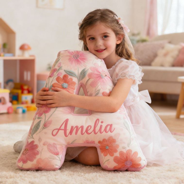 Personalized Flower Girl Pink Colorful Floral 26 Letters Pillow Custom Girl friend Graphic 3D Printed Cushion Christmas Valentine's Day Gift for Her