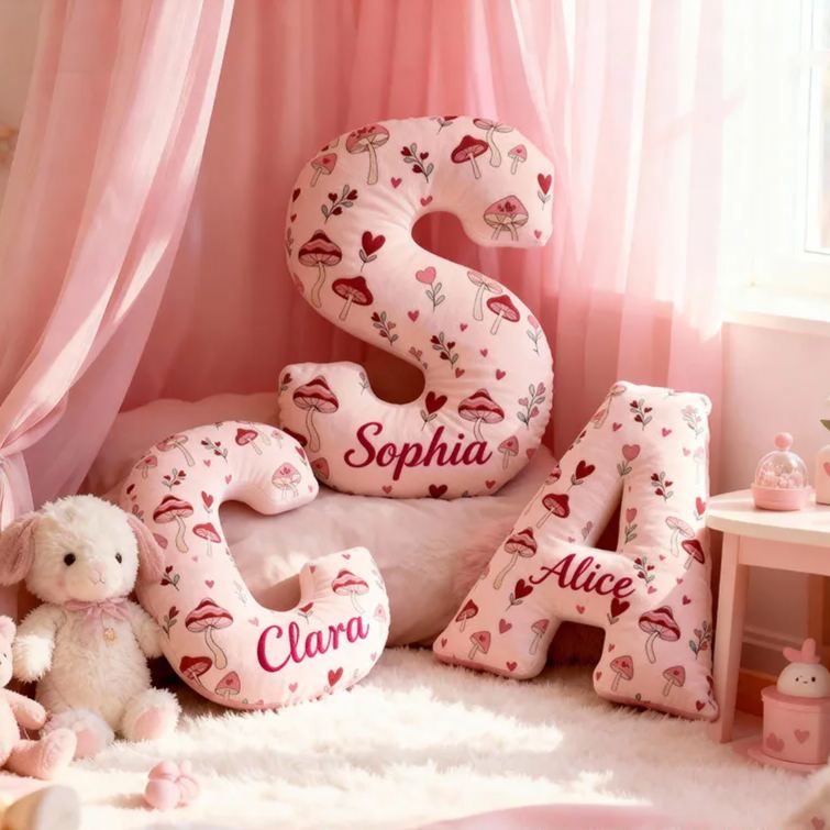 Personalized Pink Mushroom Heart Flora Letter Pillow Initial Cute Throw Pillow Custom Holiday Home Decor Letter Pillow for Flower Girl for Girl friend