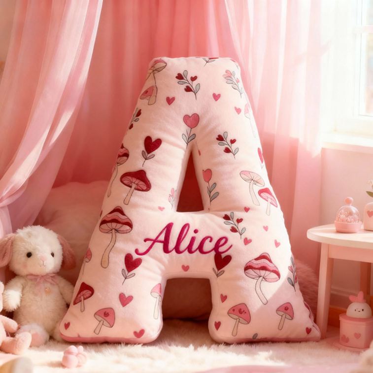 Personalized Pink Mushroom Heart Flora Letter Pillow Initial Cute Throw Pillow Custom Holiday Home Decor Letter Pillow for Flower Girl for Girl friend