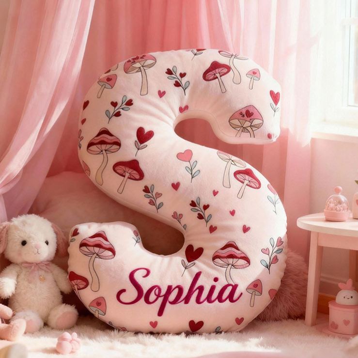Personalized Pink Mushroom Heart Flora Letter Pillow Initial Cute Throw Pillow Custom Holiday Home Decor Letter Pillow for Flower Girl for Girl friend