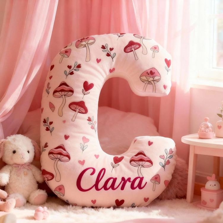 Personalized Pink Mushroom Heart Flora Letter Pillow Initial Cute Throw Pillow Custom Holiday Home Decor Letter Pillow for Flower Girl for Girl friend