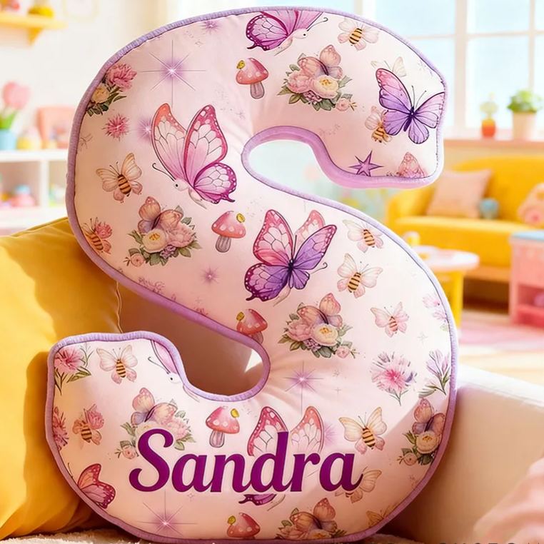 Personalized Flower Girl Purple Floral Butterfly Mushroom 26 Letters Pillow Girl friend Name Graphic 3D Printed Cushion Valentine's Day Gift for Her