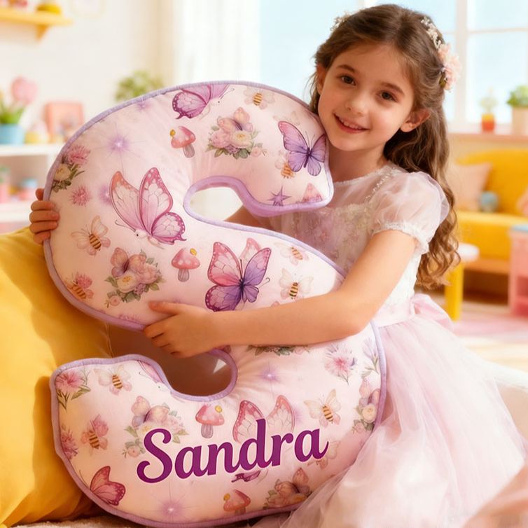 Personalized Flower Girl Purple Floral Butterfly Mushroom 26 Letters Pillow Girl friend Name Graphic 3D Printed Cushion Valentine's Day Gift for Her