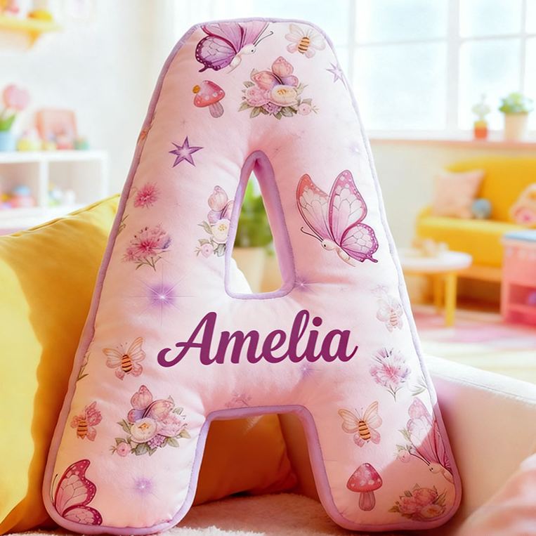 Personalized Flower Girl Purple Floral Butterfly Mushroom 26 Letters Pillow Girl friend Name Graphic 3D Printed Cushion Valentine's Day Gift for Her