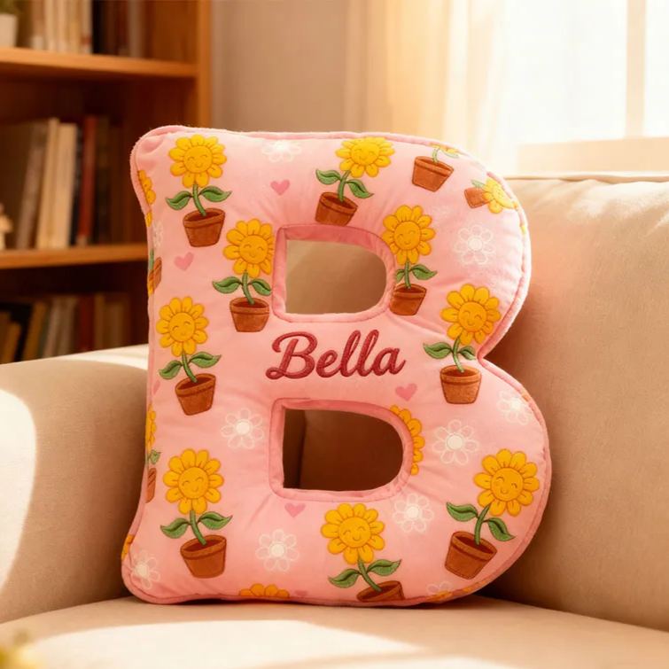 Personalized Sunflower Initial Pillow Custom Sunflower Pot Letter Throw Pillow for Her Graphic 3D Print Pillow for Girl Friend