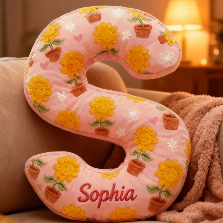 Personalized Sunflower Initial Pillow Custom Sunflower Pot Letter Throw Pillow for Her Graphic 3D Print Pillow for Girl Friend