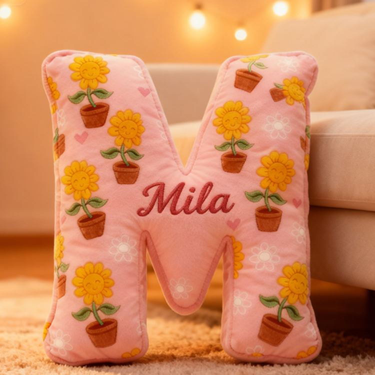 Personalized Sunflower Initial Pillow Custom Sunflower Pot Letter Throw Pillow for Her Graphic 3D Print Pillow for Girl Friend