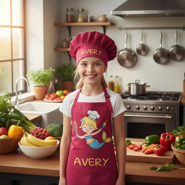 Personalized Mermaid Adjustable Kid Apron Chef Hat Set with Pocket and Name for Cooking Baking Birthday Holiday Gift for Kids