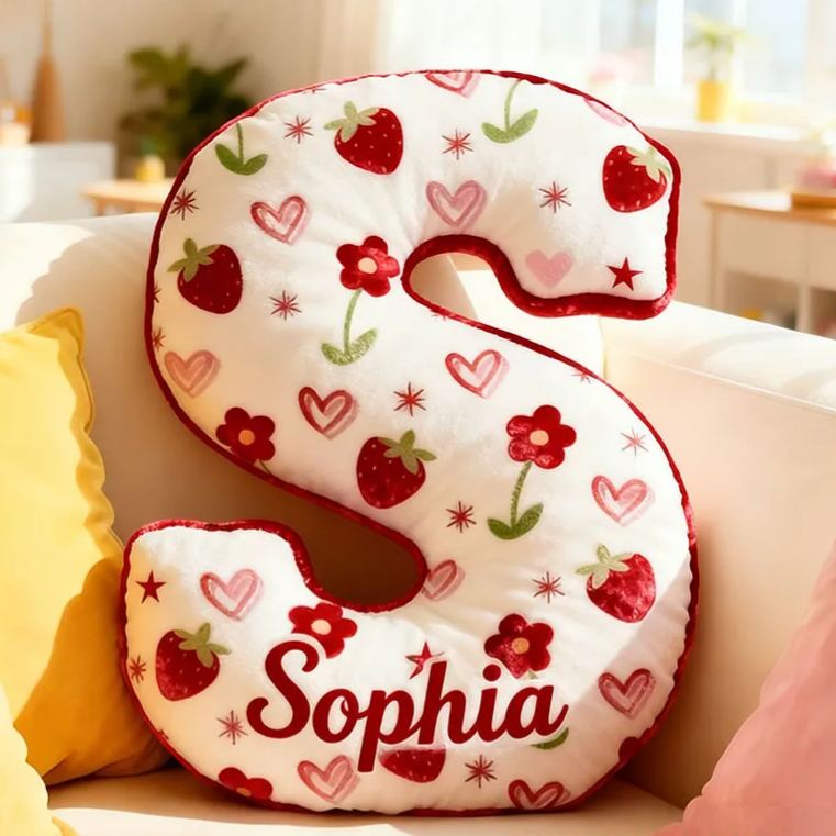Personalized Flower Girl Floral Strawberry Heart Graphic 3D Printed Pillow Custom Girl friend Name Cushion Valentine's Day Gift Christmas Gift for Her