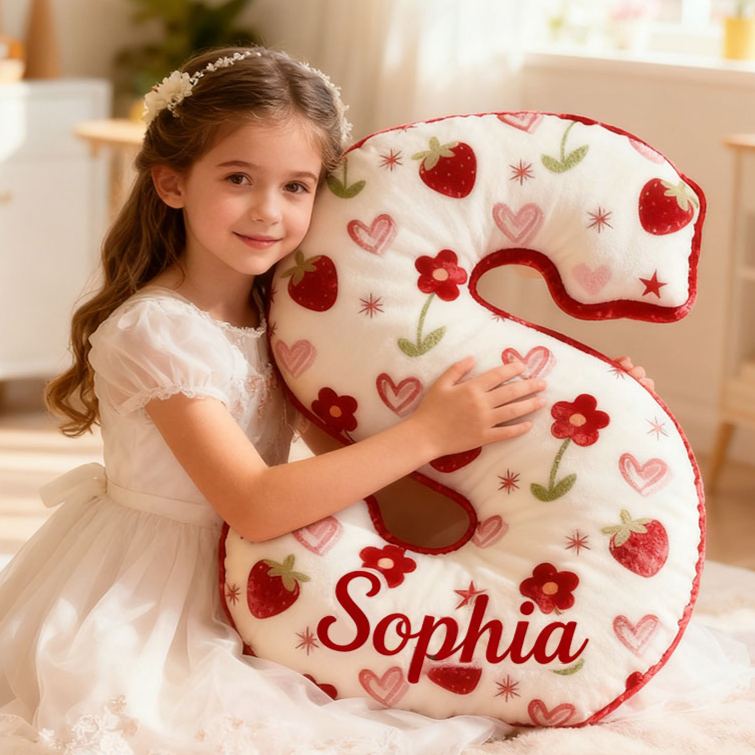 Personalized Flower Girl Floral Strawberry Heart Graphic 3D Printed Pillow Custom Girl friend Name Cushion Valentine's Day Gift Christmas Gift for Her