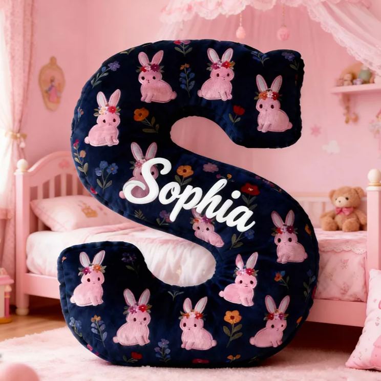 Personalized Flora Rabbit Letter Pillow Initial Flower Throw Pillow Custom Holiday Home Decor Letter Pillow for Flower Girl for Girl friend
