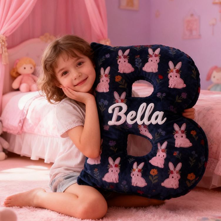Personalized Flora Rabbit Letter Pillow Initial Flower Throw Pillow Custom Holiday Home Decor Letter Pillow for Flower Girl for Girl friend