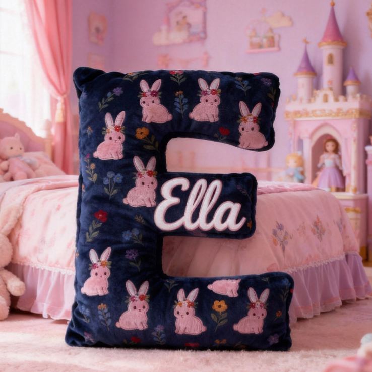 Personalized Flora Rabbit Letter Pillow Initial Flower Throw Pillow Custom Holiday Home Decor Letter Pillow for Flower Girl for Girl friend