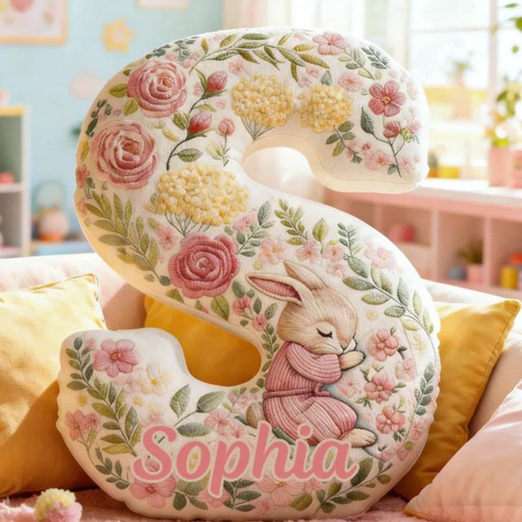 Personalized Girl friend Pink Floral Rabbit Graphic 3D Printed Pillow Custom Flower Girl Name Cushion Valentine's Day Gift Christmas Gift for Her
