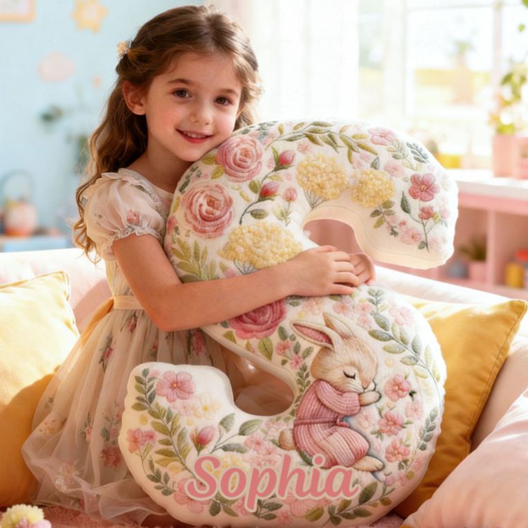 Personalized Girl friend Pink Floral Rabbit Graphic 3D Printed Pillow Custom Flower Girl Name Cushion Valentine's Day Gift Christmas Gift for Her