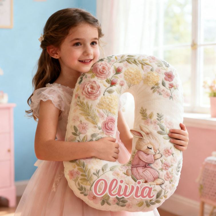 Personalized Girl friend Pink Floral Rabbit Graphic 3D Printed Pillow Custom Flower Girl Name Cushion Valentine's Day Gift Christmas Gift for Her