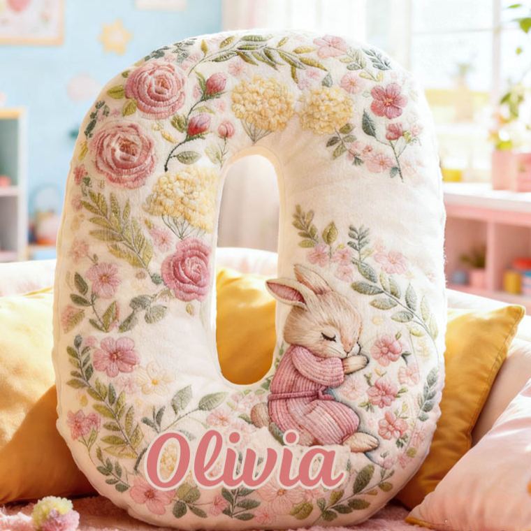 Personalized Girl friend Pink Floral Rabbit Graphic 3D Printed Pillow Custom Flower Girl Name Cushion Valentine's Day Gift Christmas Gift for Her