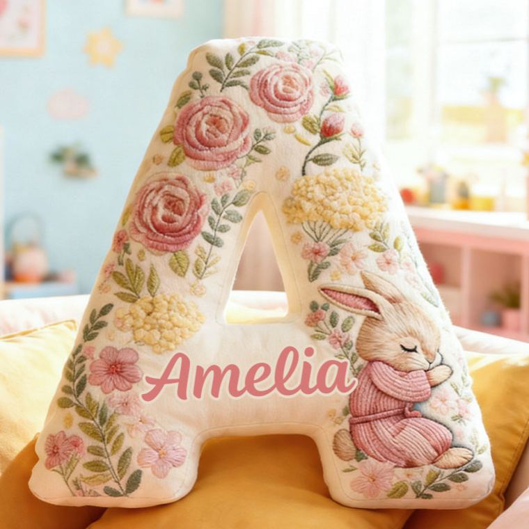 Personalized Girl friend Pink Floral Rabbit Graphic 3D Printed Pillow Custom Flower Girl Name Cushion Valentine's Day Gift Christmas Gift for Her