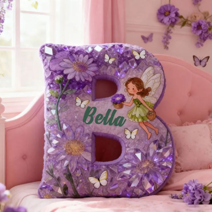 Personalized Flower Fairy Faux Diamond Letter Pillow Initial Throw Pillow Custom Home Decor Letter Pillow for Flower Girl for Girl friend