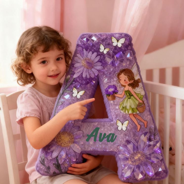 Personalized Flower Fairy Faux Diamond Letter Pillow Initial Throw Pillow Custom Home Decor Letter Pillow for Flower Girl for Girl friend