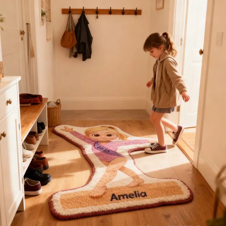 Personalized Gymnastic Girl Shaped Carpet Custom Name Carpet for Gynamstic Lovers Christmas Birthday Party Gift for Kids