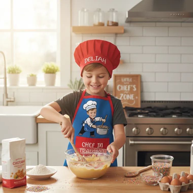 Personalized Fun Cooking Positions Adjustable Kid Apron Chef Hat Set with Pocket and Name for Cooking Baking Birthday Holiday Gift for Kids