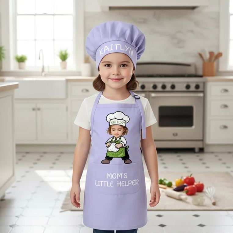 Personalized Fun Cooking Positions Adjustable Kid Apron Chef Hat Set with Pocket and Name for Cooking Baking Birthday Holiday Gift for Kids