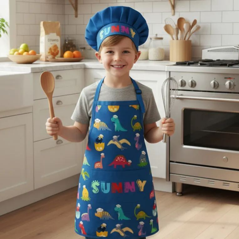 Personalized Fun Cartoon Dinosaur Adjustable Kid Apron Chef Hat Set with Pocket and Name for Cooking Baking Birthday Holiday Gift for Kids