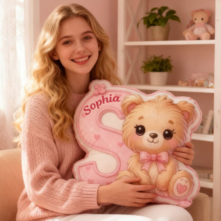Personalized Girlfriend Graphic 3D Print Heart Bear 26 Letter Pillow Custom Wife Valentine's Day Cushion Anniversary Gift for Her Christmas Gift