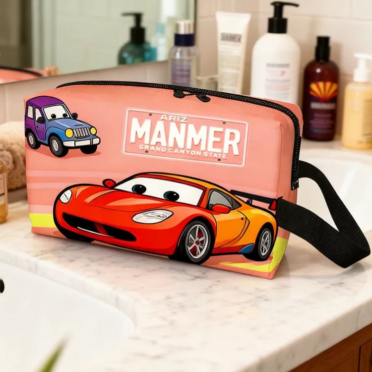 Personalized Cartoon Car Toiletry Bag with Custom Name Gift for Kids Cartoon Collectors