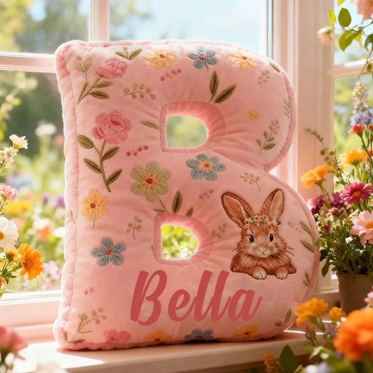 Personalized GirlFriend Flower Floral Rabbit Pink Pillow Custom Name Cushion Valentine's Gift for GirlFriend Christmas Gift for Her for Flower Girl