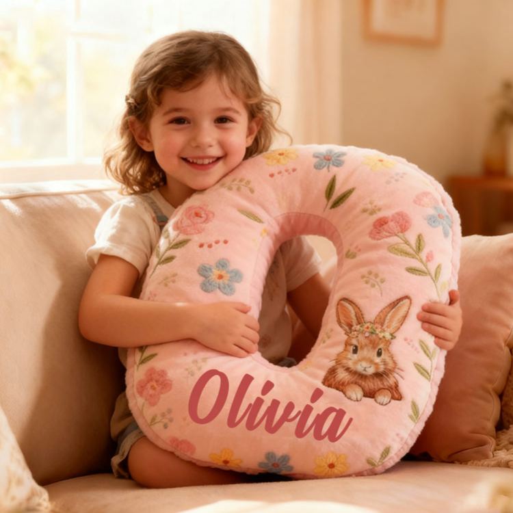 Personalized GirlFriend Flower Floral Rabbit Pink Pillow Custom Name Cushion Valentine's Gift for GirlFriend Christmas Gift for Her for Flower Girl