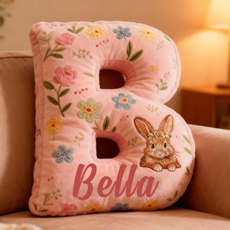 Personalized GirlFriend Flower Floral Rabbit Pink Pillow Custom Name Cushion Valentine's Gift for GirlFriend Christmas Gift for Her for Flower Girl