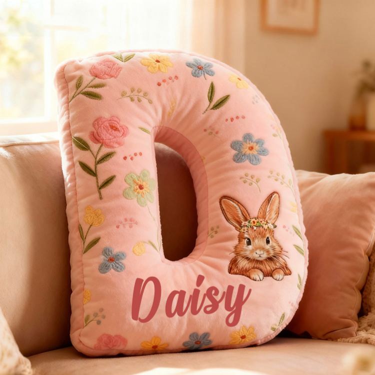 Personalized GirlFriend Flower Floral Rabbit Pink Pillow Custom Name Cushion Valentine's Gift for GirlFriend Christmas Gift for Her for Flower Girl