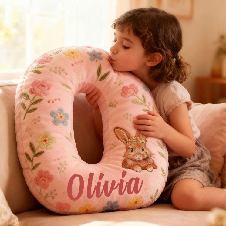 Personalized GirlFriend Flower Floral Rabbit Pink Pillow Custom Name Cushion Valentine's Gift for GirlFriend Christmas Gift for Her for Flower Girl