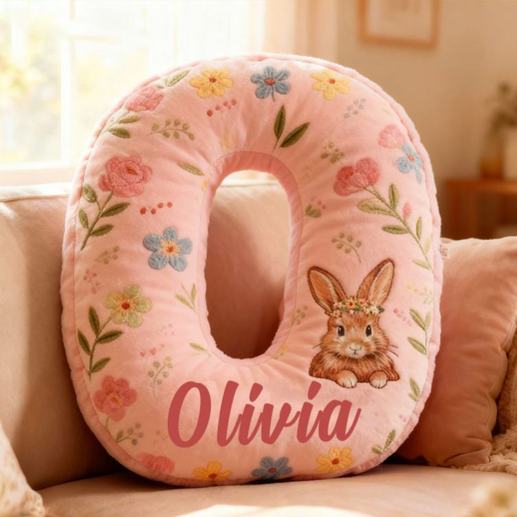 Personalized GirlFriend Flower Floral Rabbit Pink Pillow Custom Name Cushion Valentine's Gift for GirlFriend Christmas Gift for Her for Flower Girl