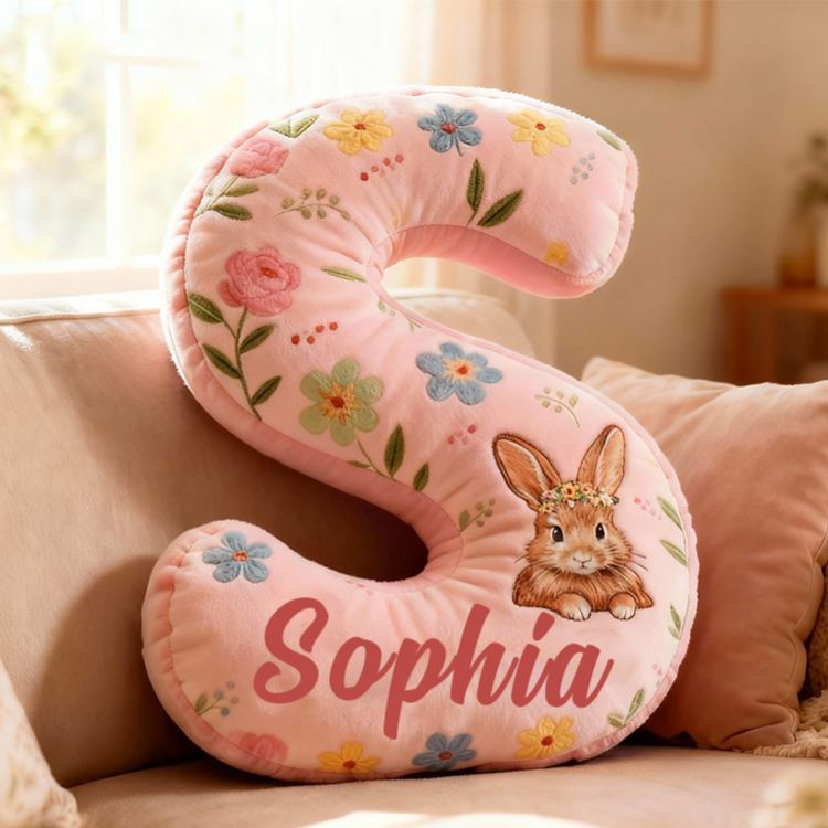Personalized GirlFriend Flower Floral Rabbit Pink Pillow Custom Name Cushion Valentine's Gift for GirlFriend Christmas Gift for Her for Flower Girl