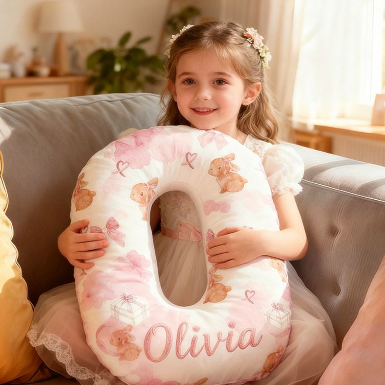 Personalized Flower Girl Watercolor Floral Rabbit Heart 26 Letter Pillow Custom Girl Name Cushion Wedding Gift for Girl Christmas Gift for Girlfriend