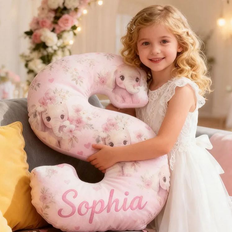 Personalized Flower Girl Pink Floral Elephant Heart 26 Letter Pillow Custom Girl Name Cushion Wedding Gift for Girl Christmas Gift for Girlfriend Wife