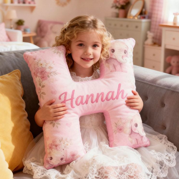 Personalized Flower Girl Pink Floral Elephant Heart 26 Letter Pillow Custom Girl Name Cushion Wedding Gift for Girl Christmas Gift for Girlfriend Wife