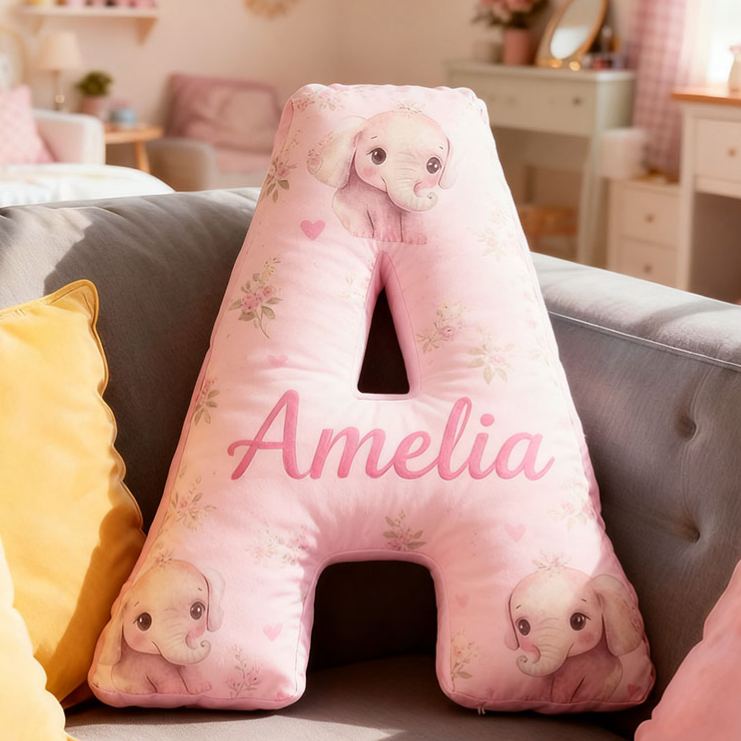 Personalized Flower Girl Pink Floral Elephant Heart 26 Letter Pillow Custom Girl Name Cushion Wedding Gift for Girl Christmas Gift for Girlfriend Wife