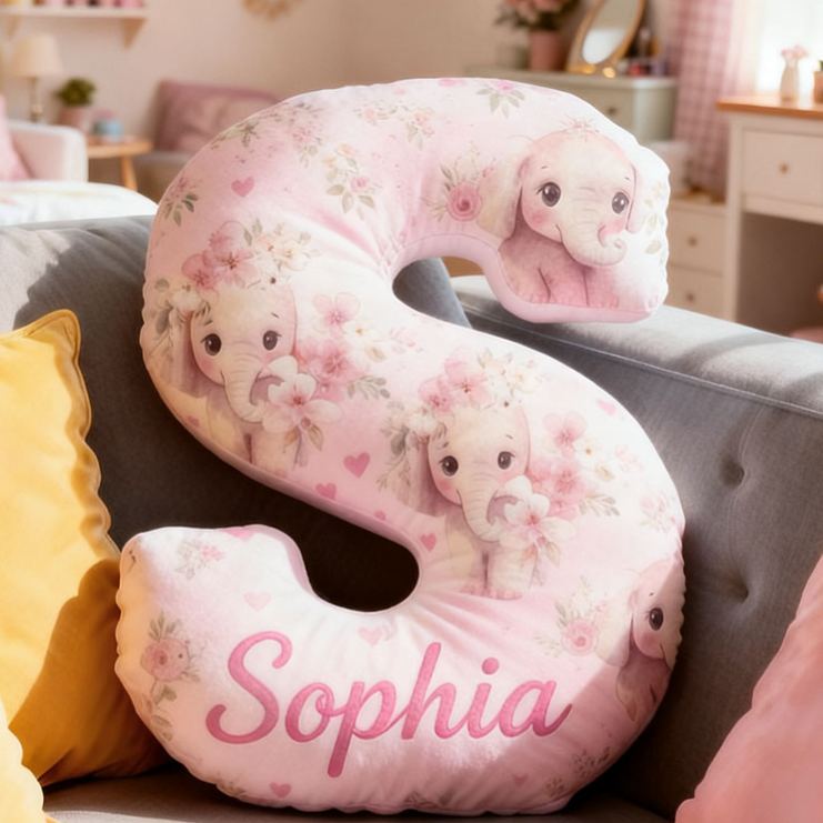 Personalized Flower Girl Pink Floral Elephant Heart 26 Letter Pillow Custom Girl Name Cushion Wedding Gift for Girl Christmas Gift for Girlfriend Wife